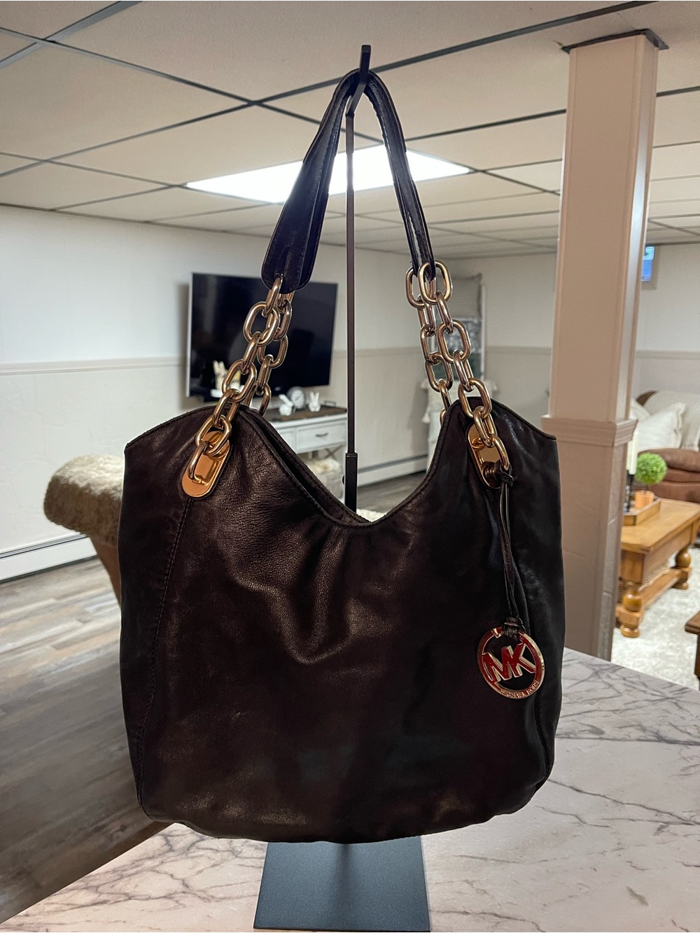 Michael Kors Black Leather Shoulder Bag with Gold Chain Accents